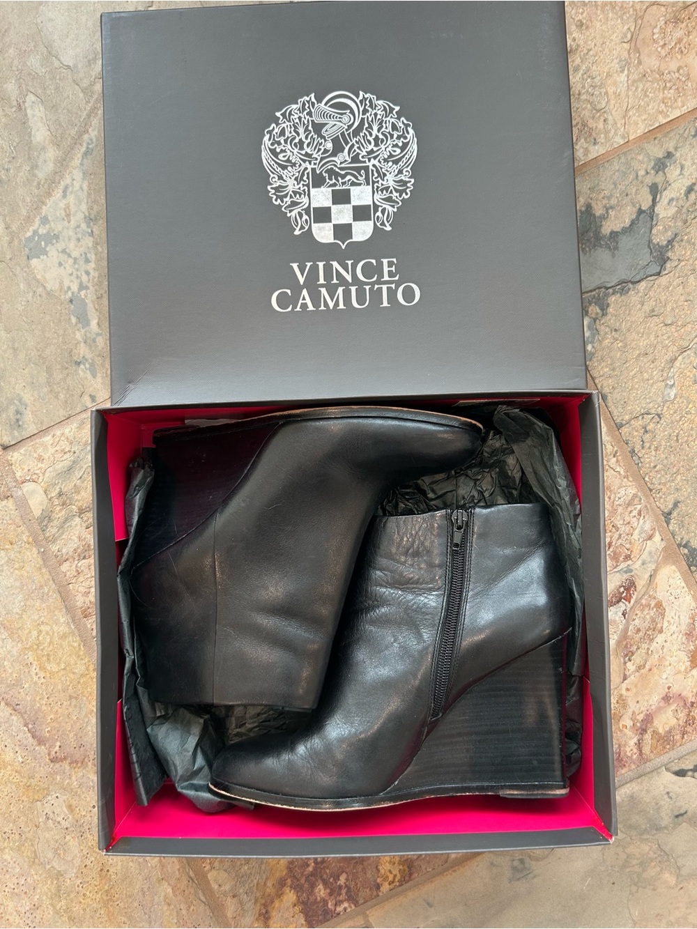 Vince Camuto Gemina Black Leather Wedge Booties Size 9 - Picture 7 of 8